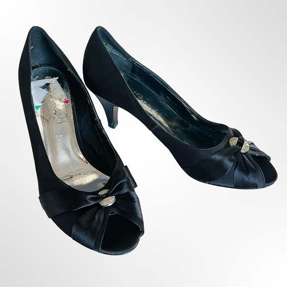 Easy Street Shoes - Easy Street Alive 5 Women's Black Satin Peep Toe Kitten Heels with Crystal Ornam